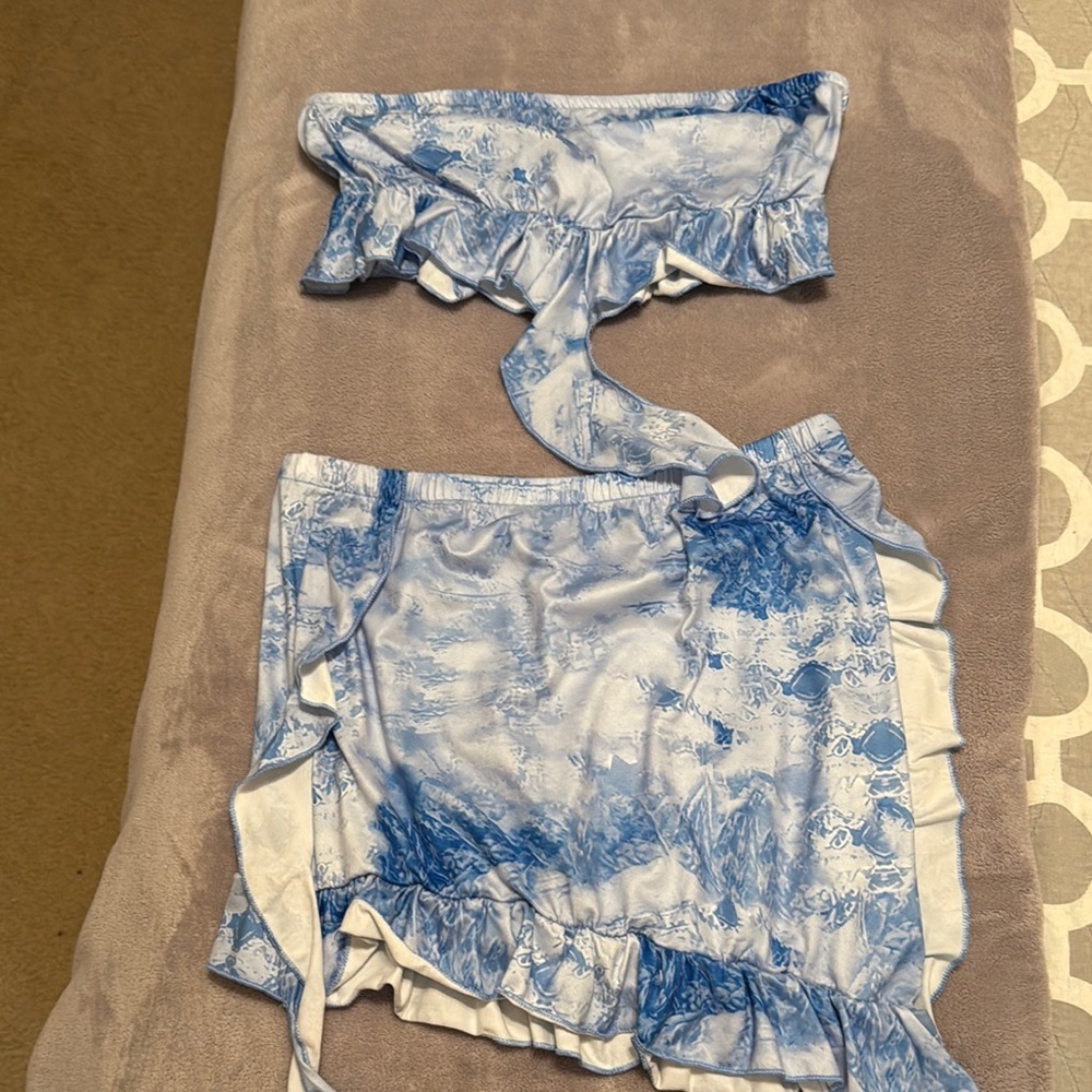 Blue and White Ruffled Two-Piece Set
